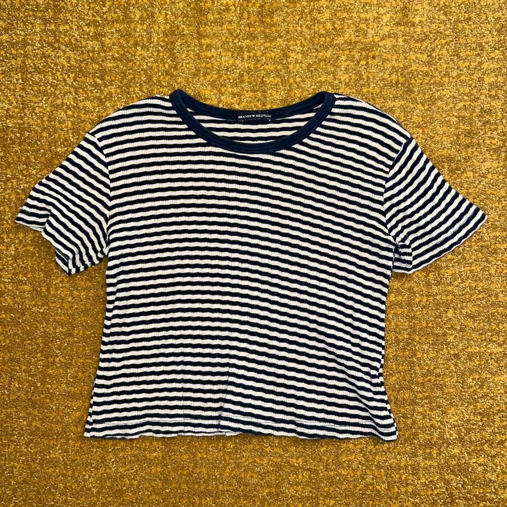 Brandy Melville Striped Crop T-shirt Blue White Baby Tee One Size Ribbed